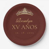 Burgundy and Gold Quinceanera ペーパープレート (正面)
