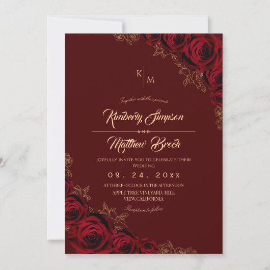 Burgundy and Gold Rose Floral Boho Wedding Invitat 招待状 (正面)