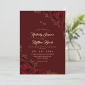 Burgundy and Gold Rose Floral Boho Wedding Invitat 招待状 (スタンド正面)