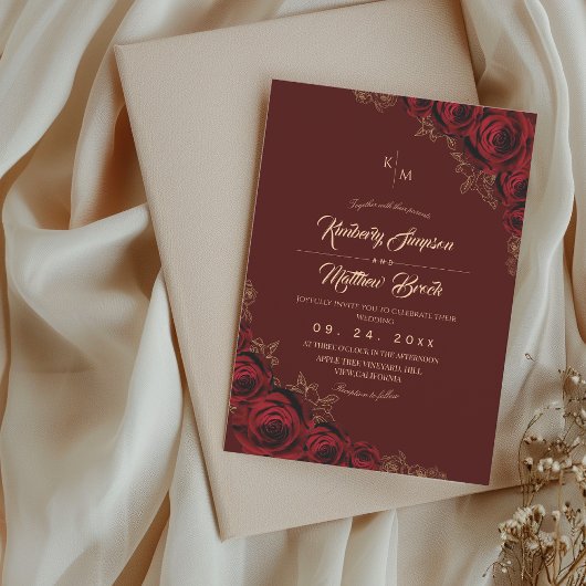 Burgundy and Gold Rose Floral Boho Wedding Invitat 招待状