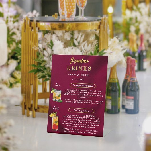 Burgundy and Gold Simple Wedding Signature Drinks 台座サイン