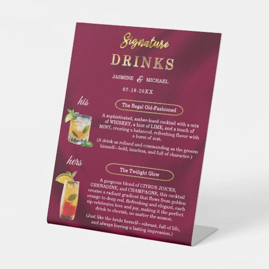 Burgundy and Gold Simple Wedding Signature Drinks 台座サイン (正面)