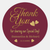 Burgundy And Gold Thank You Wedding Party Favor    ラウンドシール (正面)