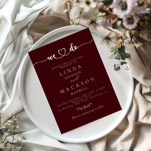 Burgundy And gold Wedding We do 箔招待状