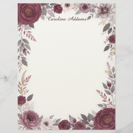 Burgundy and Gray Floral Stationery Paper レターヘッド (正面)