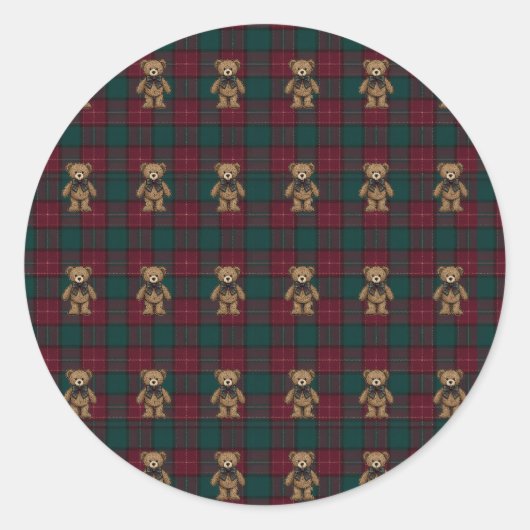 Burgundy and Green Teddy Tartan Tissue Paper ラウンドシール (正面)
