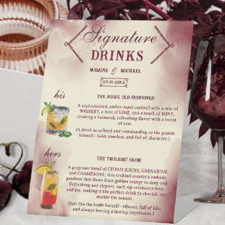 Burgundy and Ivory Retro Wedding Signature Drinks 台座サイン