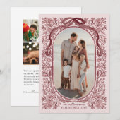 Burgundy and Mauve Floral & Bow Holiday Photo Card 招待状 (正面/裏面)
