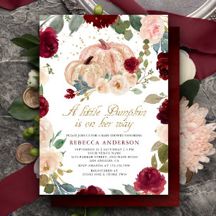 Burgundy and Peach Floral Pumpkin Baby Shower 招待状