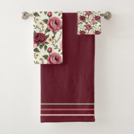 Burgundy and Pink Floral Rose バスタオルセット