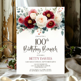 Burgundy and White Floral 100th Birthday Brunch 招待状