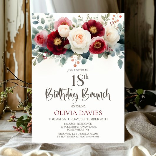 Burgundy and White Floral 18th Birthday Brunch 招待状