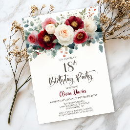 Burgundy and White Floral 18th Birthday Party 招待状