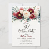 Burgundy and White Floral 40th Birthday Party 招待状 (正面)
