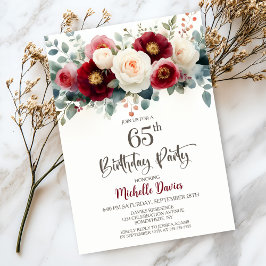 Burgundy and White Floral 65th Birthday Party 招待状