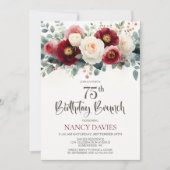 Burgundy and White Floral 75th Birthday Brunch 招待状 (正面)