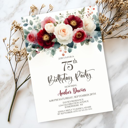 Burgundy and White Floral 75th Birthday Party 招待状