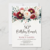Burgundy and White Floral 80th Birthday Brunch 招待状 (正面)