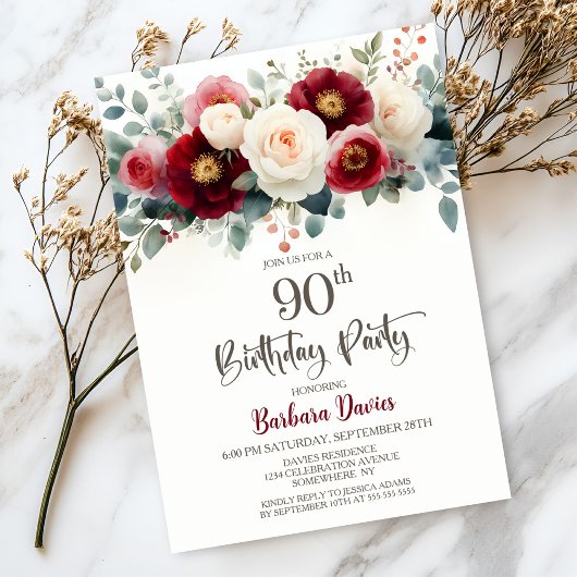 Burgundy and White Floral 90th Birthday Party 招待状