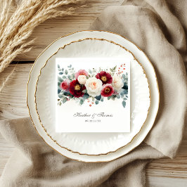 Burgundy and White Floral Wedding スタンダードカクテルナプキン