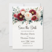 Burgundy and White Floral Wedding Save the Date 招待状 (正面)