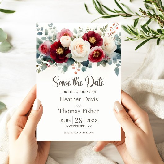 Burgundy and White Floral Wedding Save the Date 招待状
