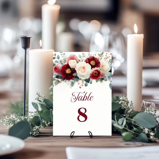 Burgundy and White Floral Wedding Table Number テーブルナンバー
