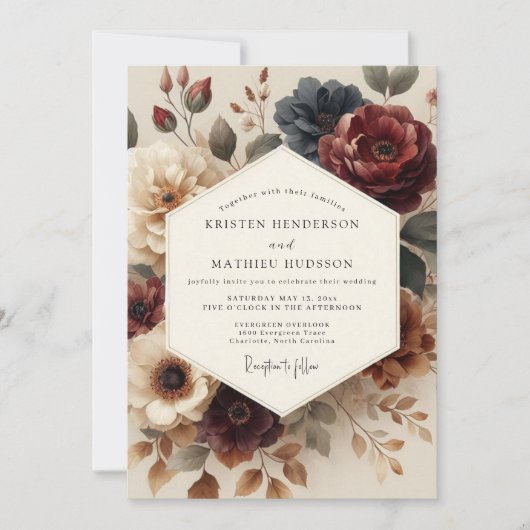 Burgundy Antique Bloom Wedding 招待状 (正面)