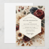 Burgundy Antique Bloom Wedding 招待状 (正面/裏面)