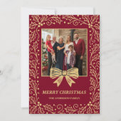 Burgundy & Antique-Gold Bow Family Christmas Photo シーズンカード (正面)