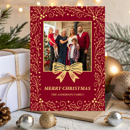 Burgundy & Antique-Gold Bow Family Christmas Photo シーズンカード