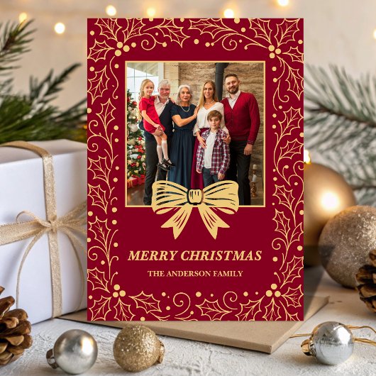 Burgundy & Antique-Gold Bow Family Christmas Photo シーズンカード
