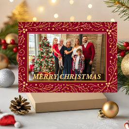 Burgundy & Antique-Gold Family Christmas Photo シーズンカード