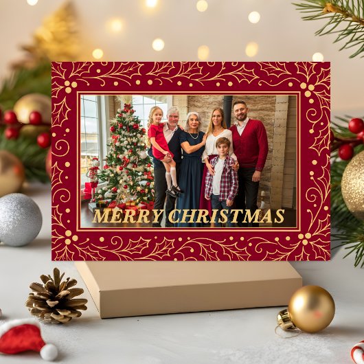 Burgundy & Antique-Gold Family Christmas Photo シーズンカード