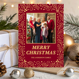 Burgundy & Antique-Gold Family Photo Christmas シーズンカード