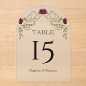 Burgundy Art Nouveau Floral Wedding Table Number アクリル招待状 (正面)
