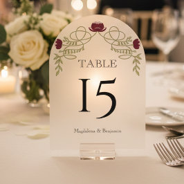 Burgundy Art Nouveau Floral Wedding Table Number アクリル招待状