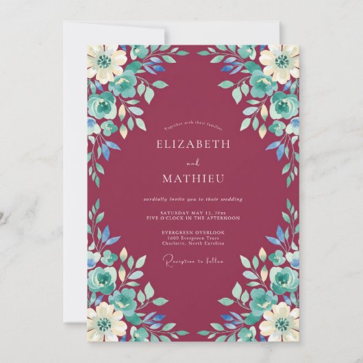 Burgundy Artistic Blossom Wedding 招待状 (正面)