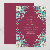 Burgundy Artistic Blossom Wedding 招待状 (正面/裏面)