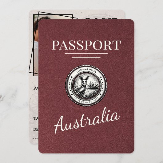 Burgundy Australia Passport日付の保存 セーブザデート (正面/裏面)
