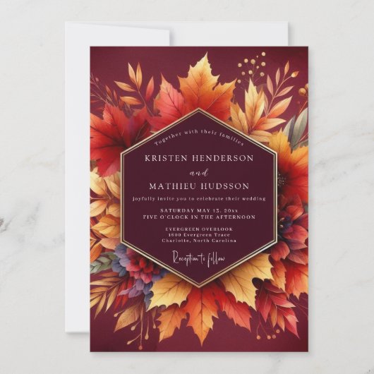 Burgundy Autumn Bloom Wedding 招待状 (正面)