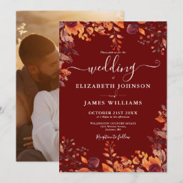 Burgundy Autumn Fall Floral Photo Wedding 招待状