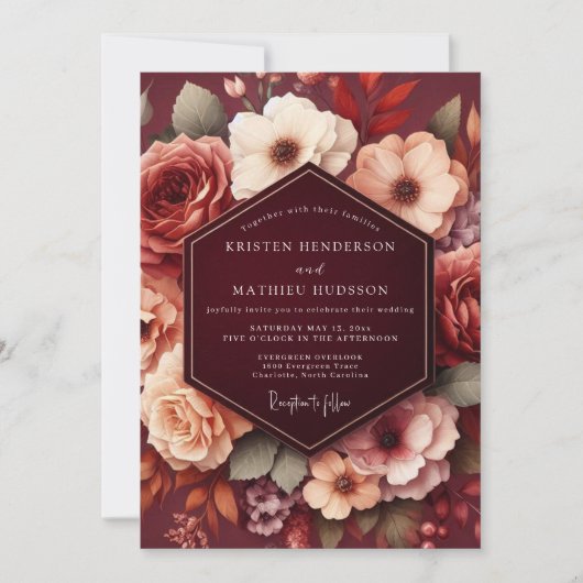 Burgundy Autumn Floral Romance Wedding 招待状 (正面)