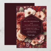 Burgundy Autumn Floral Romance Wedding 招待状 (正面/裏面)