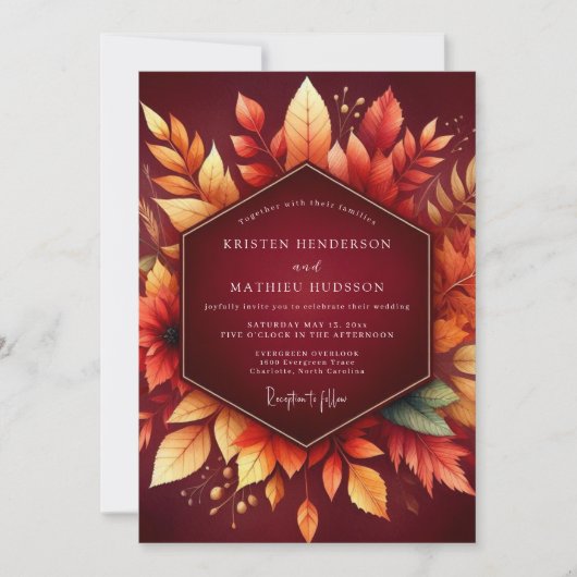 Burgundy Autumn Foliage Romance Wedding 招待状 (正面)