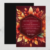 Burgundy Autumn Foliage Romance Wedding 招待状 (正面/裏面)