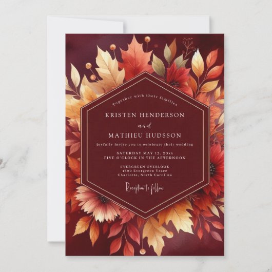 Burgundy Autumn Foliage Wedding 招待状 (正面)