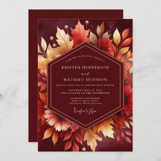 Burgundy Autumn Foliage Wedding 招待状 (正面/裏面)