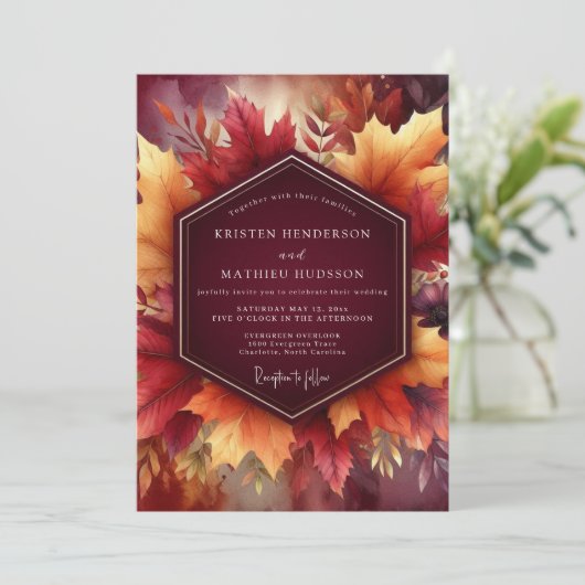 Burgundy Autumn Leaf Celebration Wedding 招待状 (スタンド正面)