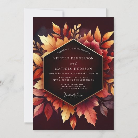 Burgundy Autumn Leaf Romance Wedding 招待状 (正面)